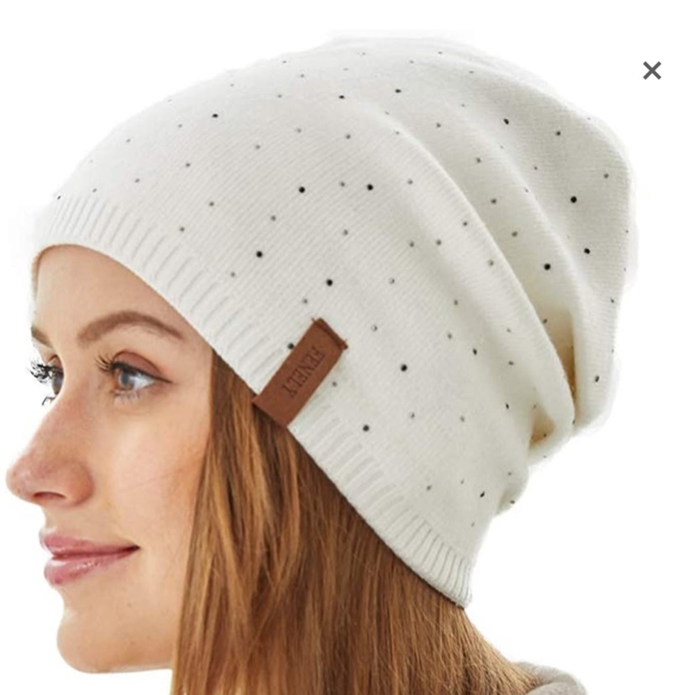 Cream Knit Beanie with Beading & Ruching Detail